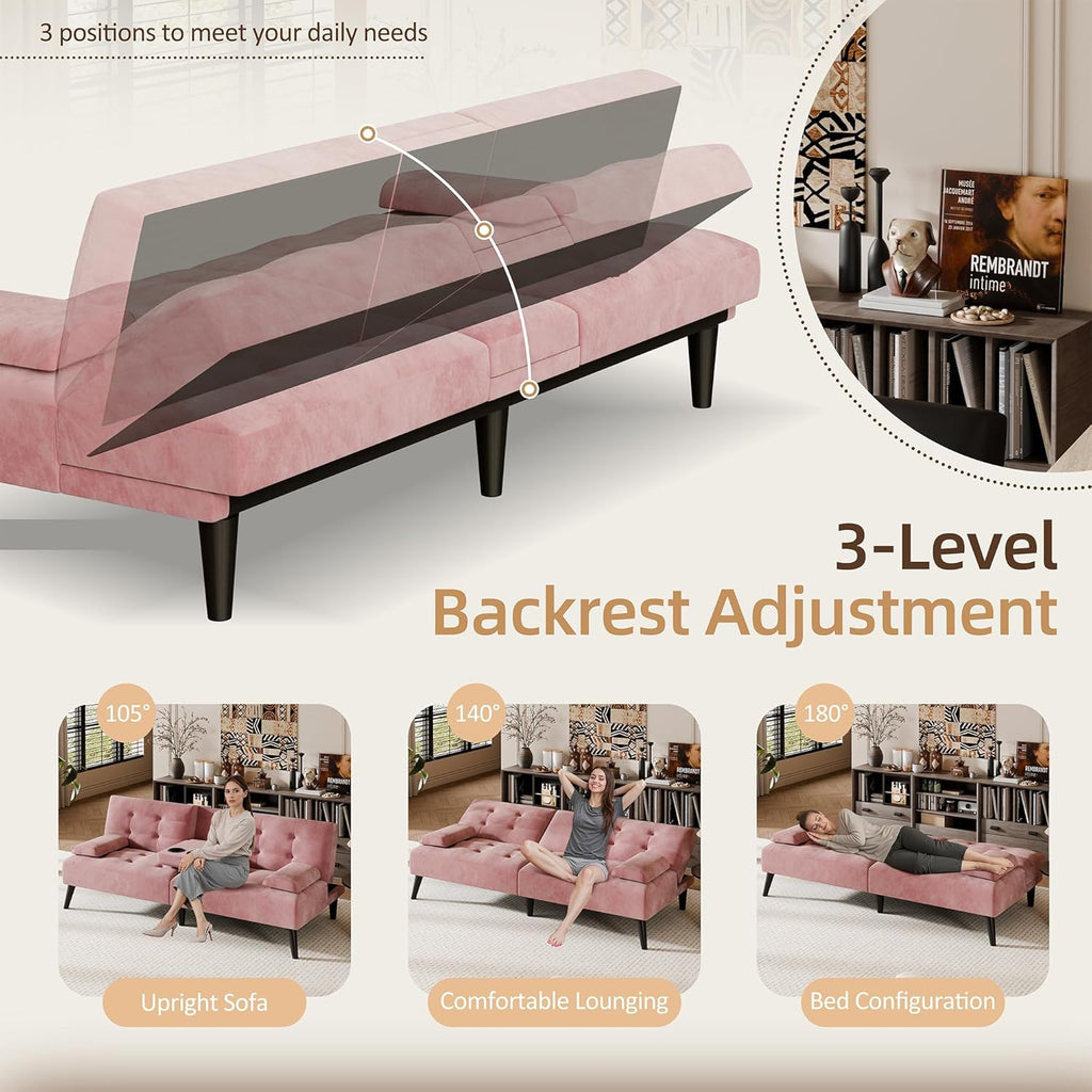 Shintenchi Futon Sofa Bed, Velvet Foldable Couch, Reclining Sleeper with Removable Armrests, Upholstered Loveseat Sofa Couch with Folding Cup Holders for Home, Office, Pink