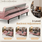 Shintenchi Futon Sofa Bed, Velvet Foldable Couch, Reclining Sleeper with Removable Armrests, Upholstered Loveseat Sofa Couch with Folding Cup Holders for Home, Office, Pink
