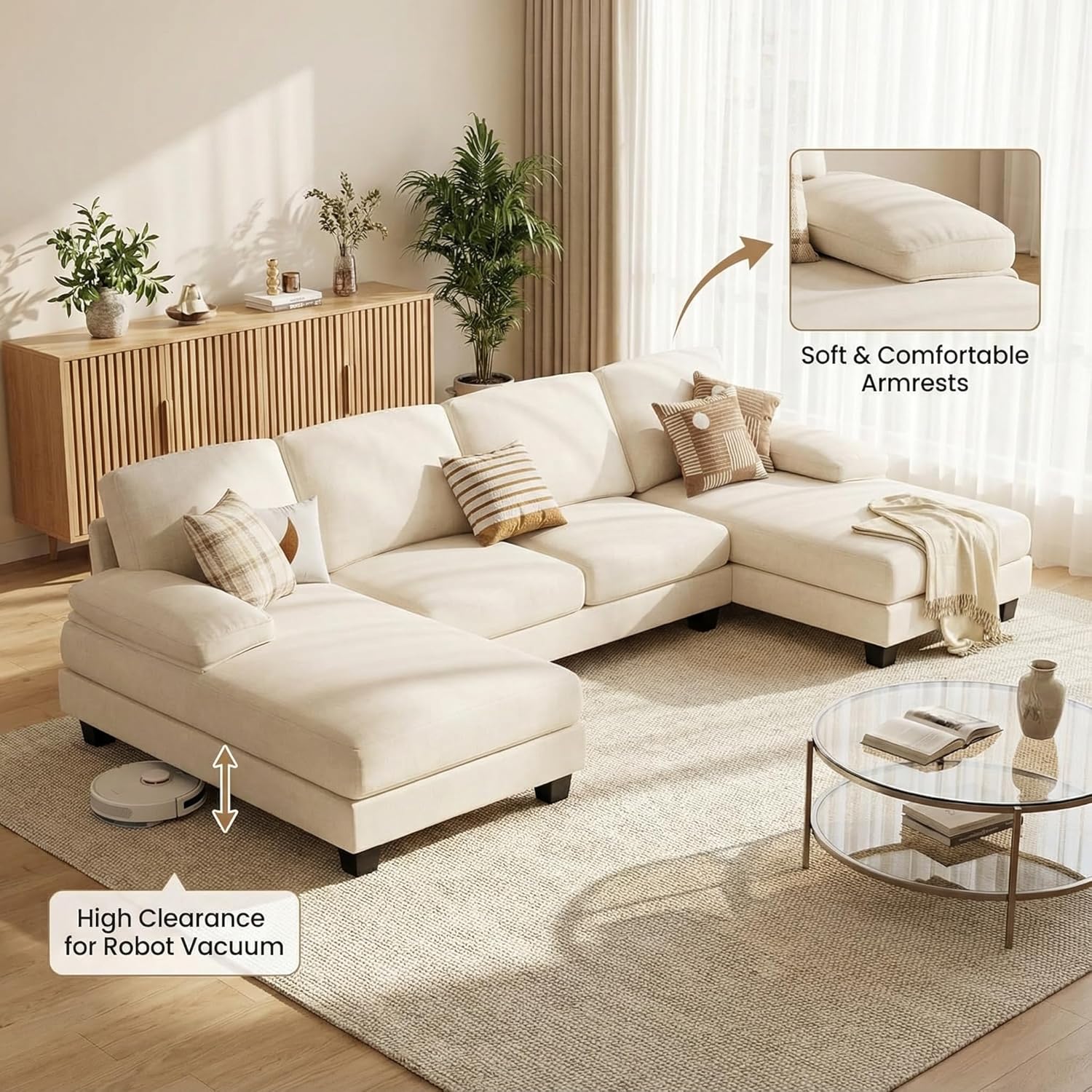 Homall Modular Sectional U Shaped Sofa Couches for Living Room, Comfy Chenille 4 Seat Sofa Set with Removable Pillows, Lounge Chaise Upholstered Couch for for Apartment (Chenille, White)