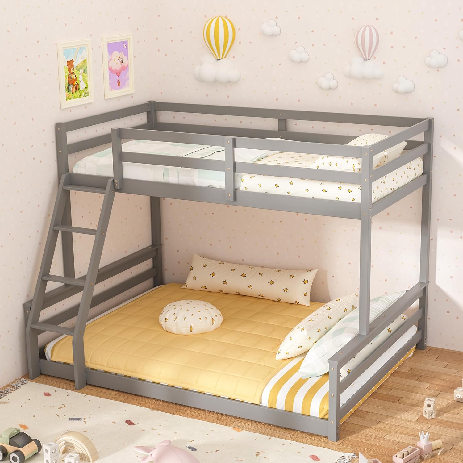 TOLEAD Low Bunk Bed Twin Over Full, Floor Bunk Bed with Ladder, Wooden Bunk Bed with Full Guardrails, Low Bunk Bed for Juniors, Boys, Girls, Kids, Bedroom, Grey