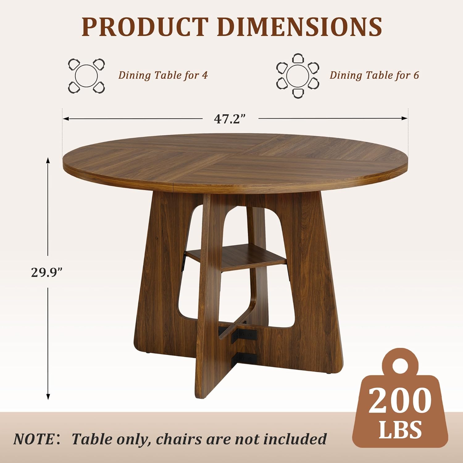 GRUSIGN Round Dining Table for 4-6, 47" Kitchen Table for Dining Room, Circle Farmhouse Kitchen Table, Wood Dinner Table for Kitchen, Living Room, Apartment