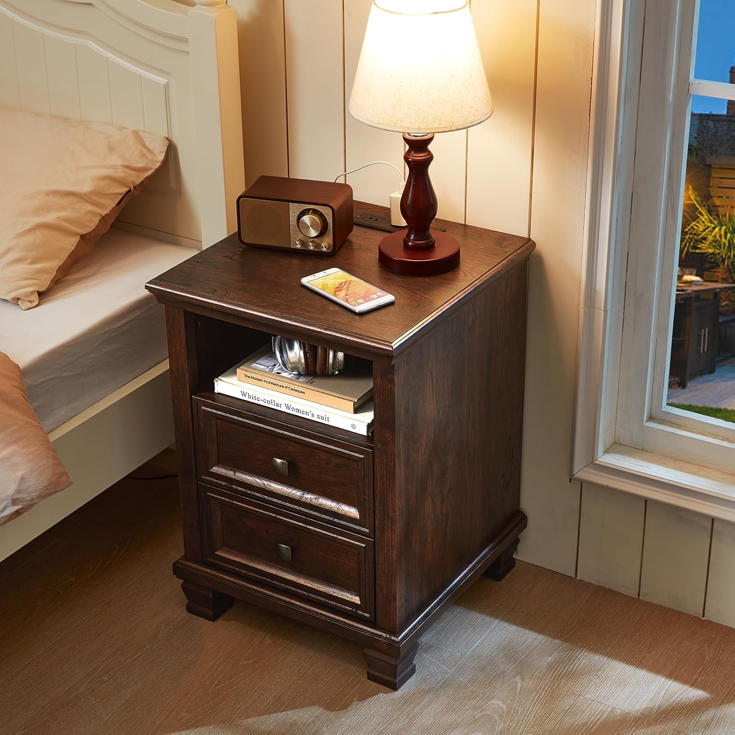 Farmhouse Nightstand Set of 2 with Charging Station, Rustic Brown Nightstand, 2 Drawers End Table, Bedside Table with Open Shelf for Bedroom, Walnut
