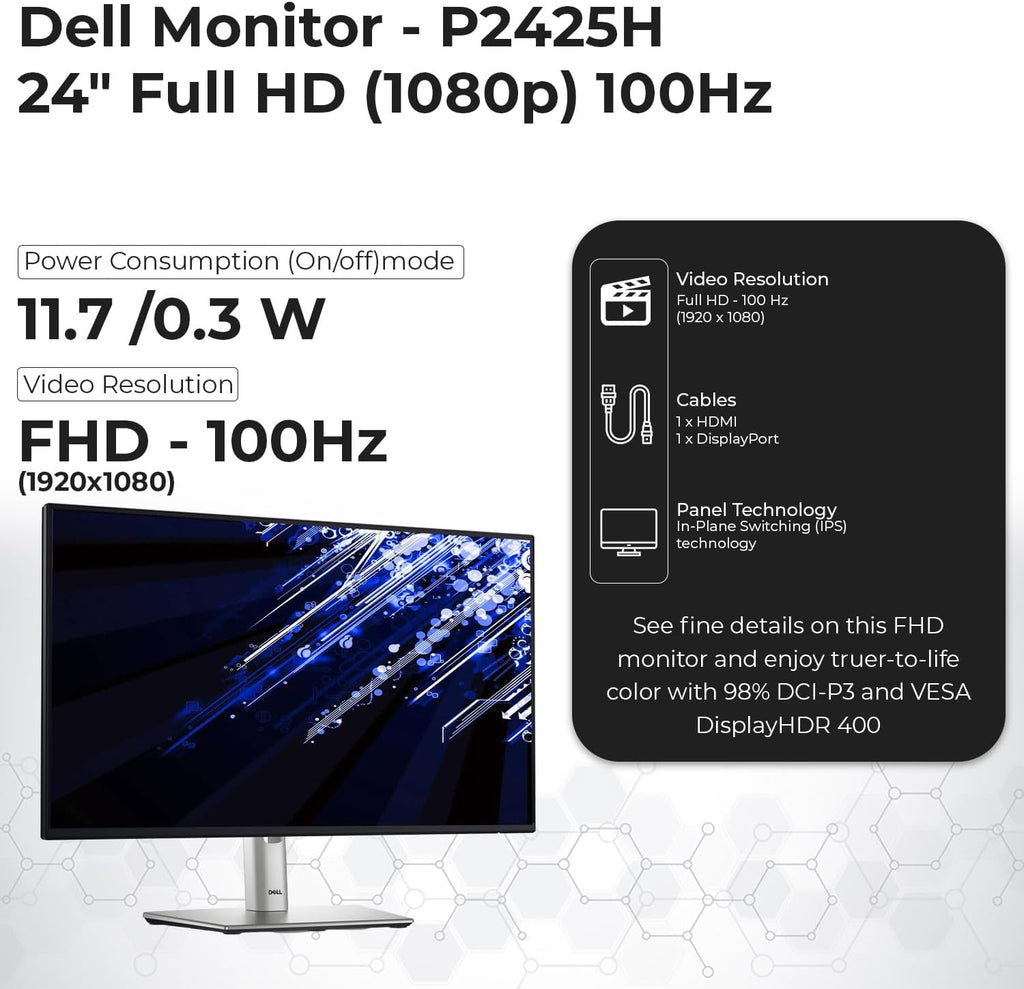 Dell P2425H Computer Monitor Screen 24" 16:9 IPS Display with Stand - 1 Year Warranty  100Hz Full HD  1920 x 1080 with Power Cable  Anyhdd DisplayPort  HDMI  USB 3.0 Upstream Cable & Cloth - New
