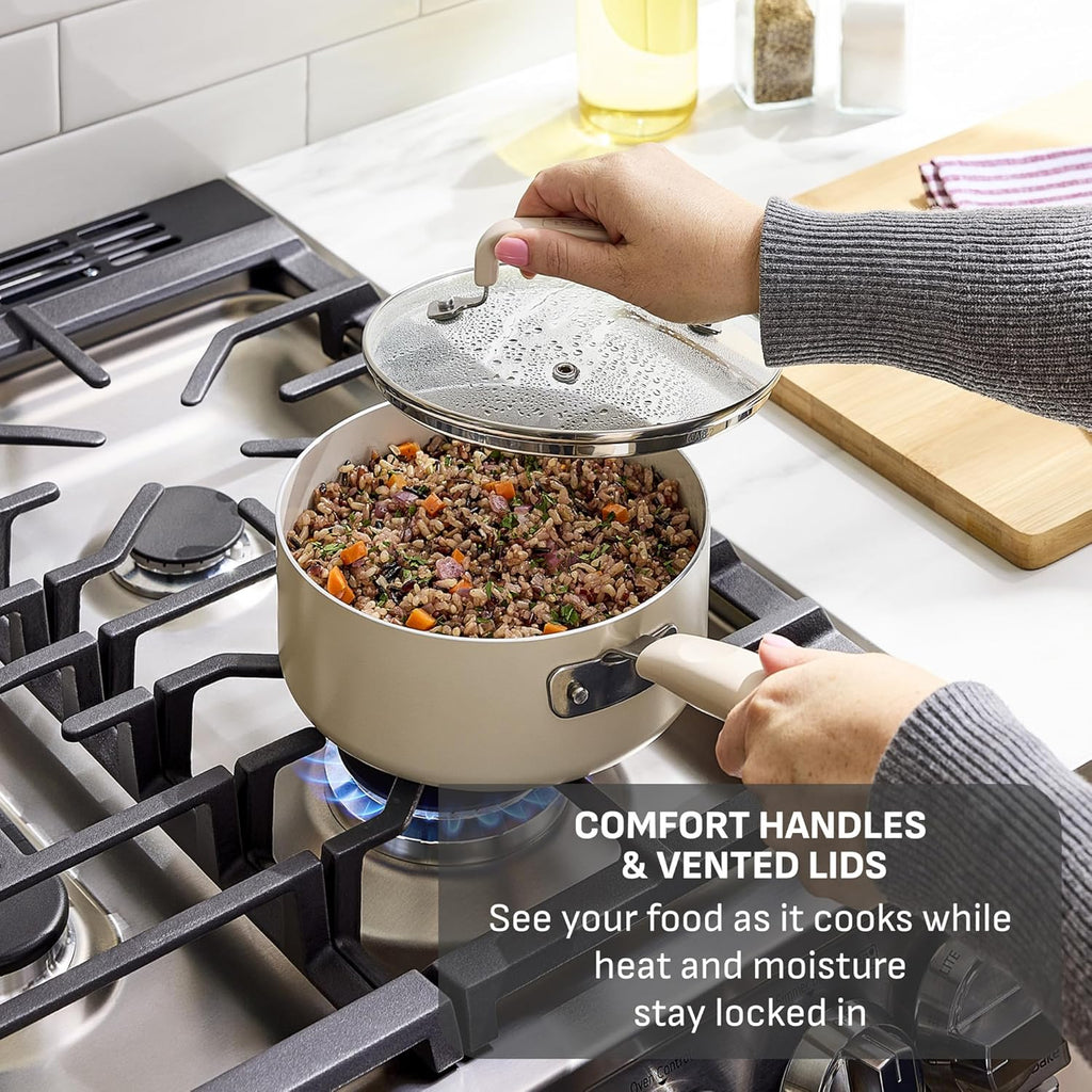 T-fal Signature Nonstick 12 Piece Cookware Set, Oven Safe Up to 350°F, Dishwasher Safe, Pots and Pans Set, Includes Frying Pans, Saucepan, Stockpot, Cooking Utensils, Cream