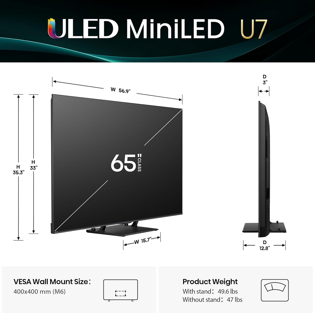 Hisense 65" U7 Mini-LED ULED 4K UHD Best Premium Gaming Google Smart TV (65U75QG  2025 Model) - QLED  Native 165Hz  VRR 288  Up to 3000 Nits  HDR10+  Dolby Vision IQ · Atmos  IMAX Enhanced  2.1.2 Ch