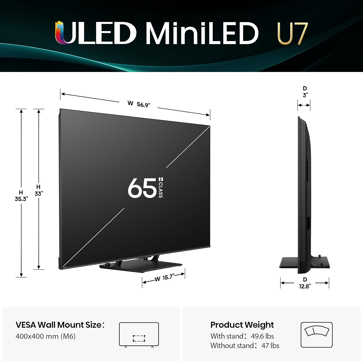 Hisense 65" U7 Mini-LED ULED 4K UHD Best Premium Gaming Google Smart TV (65U75QG  2025 Model) - QLED  Native 165Hz  VRR 288  Up to 3000 Nits  HDR10+  Dolby Vision IQ · Atmos  IMAX Enhanced  2.1.2 Ch
