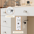 VOWNER Vanity with Lighted Mirror - 47" Glass Top Makeup Vanity Desk with 9 Drawers and Power Outlet, 3 Color Lighting Modes Adjustable Brightness, Makeup Desk with Cushioned Stool for Bedroom, White