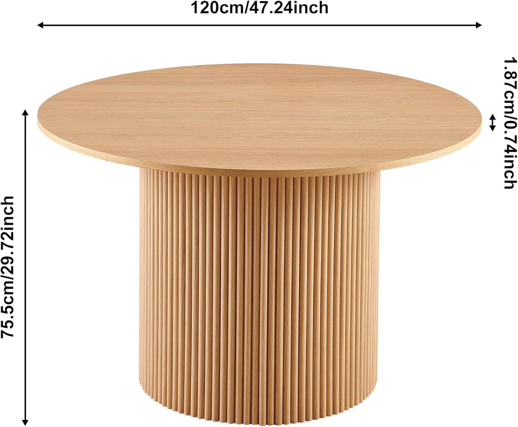 47" Round Dining Table for 4, Modern Farmhouse Wood Veneer Top with MDF Striped Base, Kitchen & Dining Room Tables - Oak Color