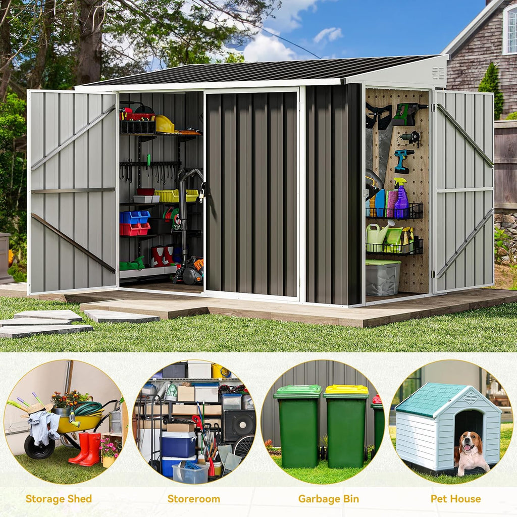DWVO 8x4 FT Outdoor Weatherproof Storage Shed  Secure Metal Bike Shed w/Lockable Entry  Garden Storage Solution for Lawn Equipment  Tools  Waste Bin  Dark Gray