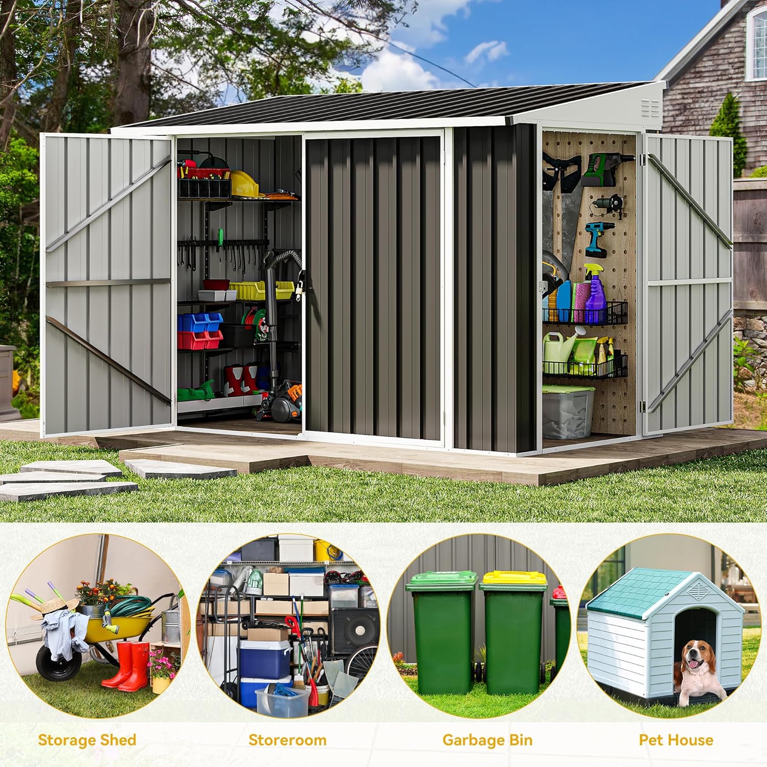 DWVO 8x4 FT Outdoor Weatherproof Storage Shed  Secure Metal Bike Shed w/Lockable Entry  Garden Storage Solution for Lawn Equipment  Tools  Waste Bin  Dark Gray