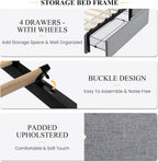 SHA CERLIN Upholstered King Size Platform Bed Frame with 4 Storage Drawers, Adjustable Headboard with Diamond Stitched Button Tufted Design, Wooden Slat Support, No Box Spring Needed, Light Grey