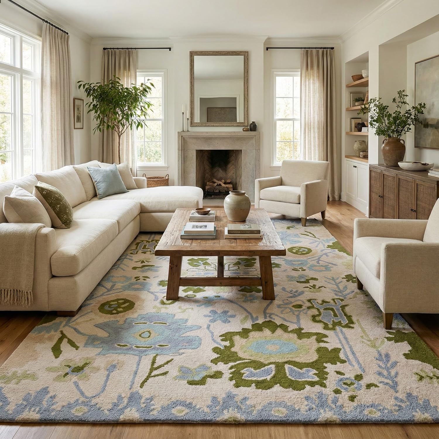 Handmade Oushak Wool Area Rug | Floral and Botanical Patterns in Soft Blue and Green | Luxurious Thick Pile for Living Room, Bedroom & Dining Room Decor (Blue & Green, 8' x 10')