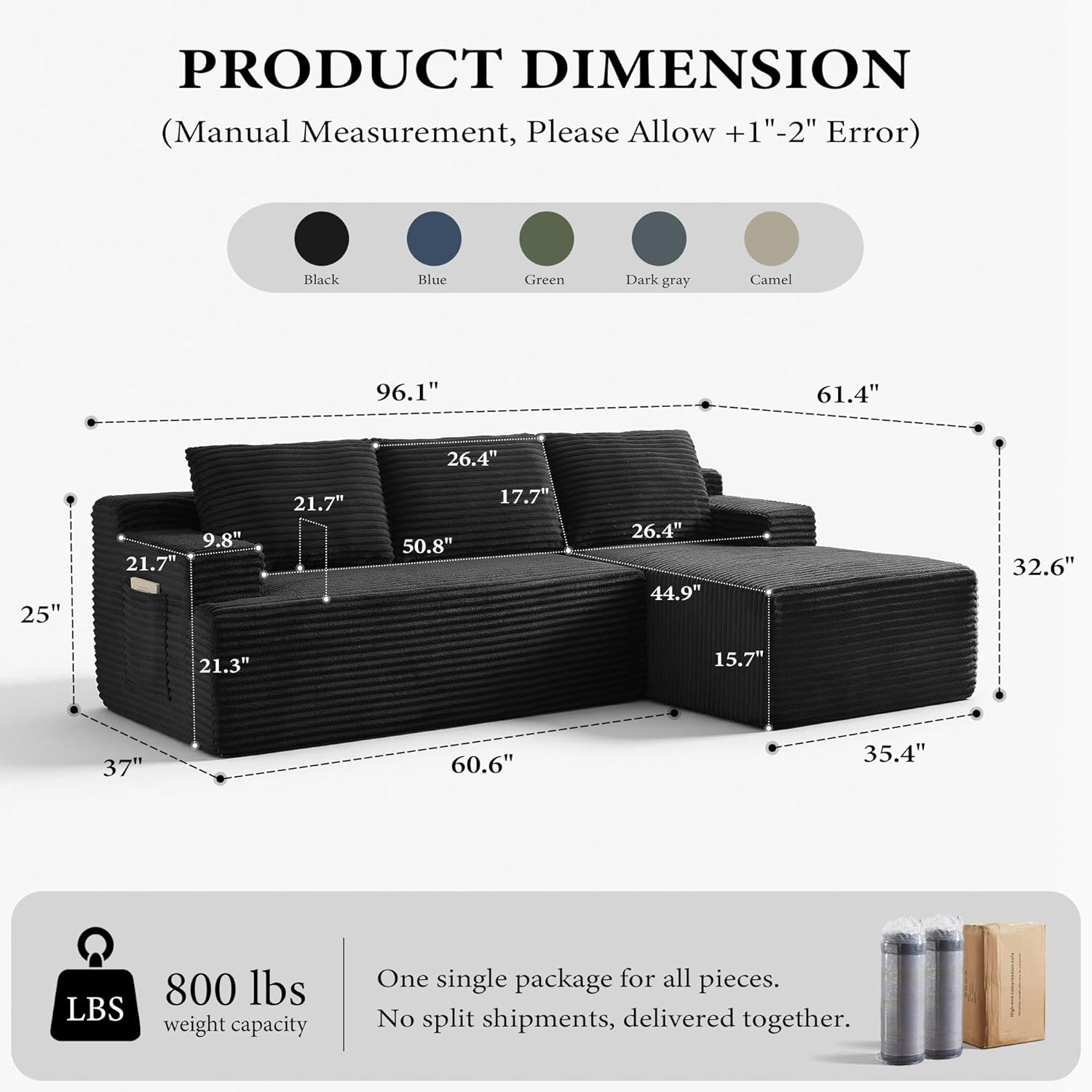 96" Sectional Couches for Living Room Cloud Couch Sofa with L-Shape Upholstered Boneless Couchs Modern Modular Sectional Couch with Chaise (Black, 96" W+Right Facing Chaise+2Seaters)