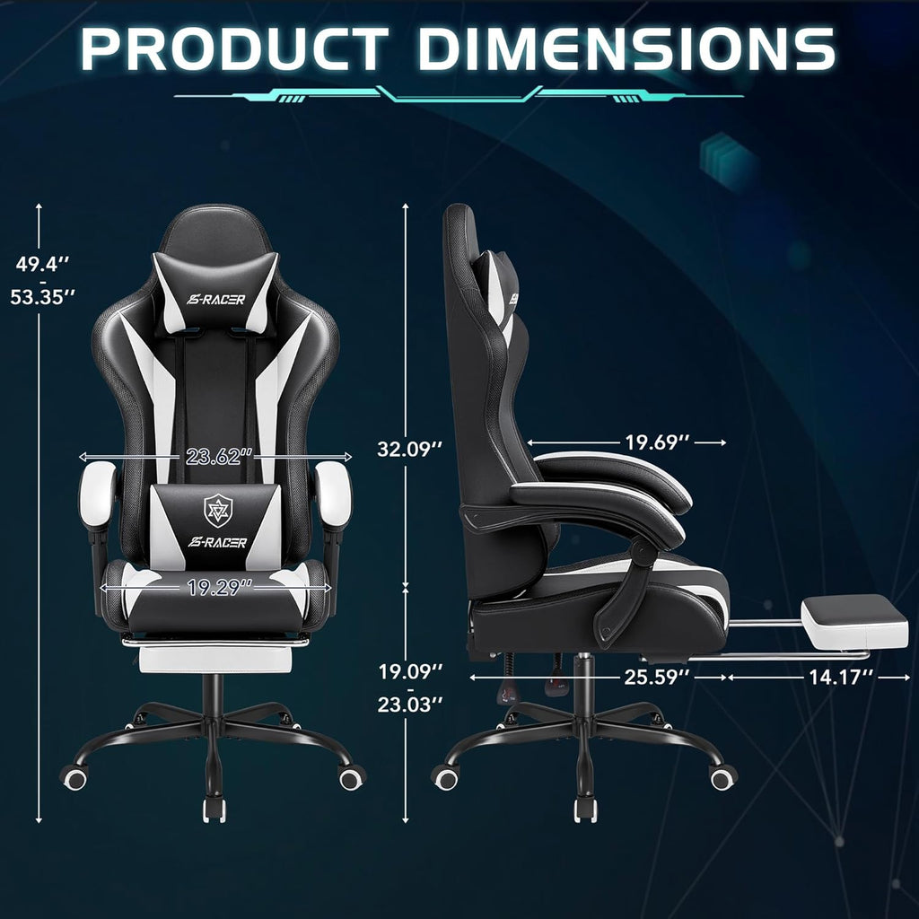 Homall Gaming Chair with Massage & Footrest, Ergonomic Computer Office Chair, High-Back Racing Style Reclining Chair with Adjustable Lumbar Support, PU Leather for Adults (White)