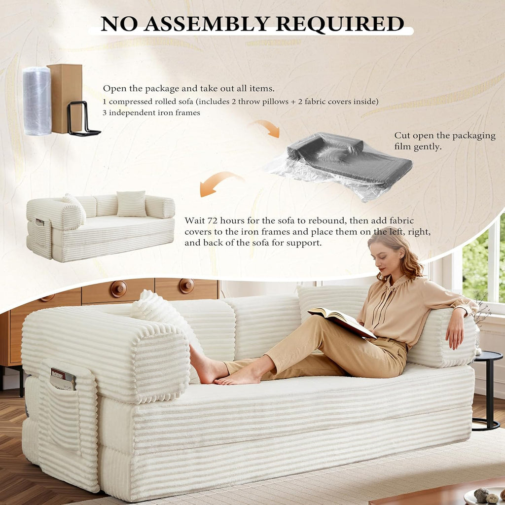Boneless Couch Folding Couches for Living Room Sofa, Futon Sofa Bed with Sleeper Sofa, Futon Couch with Fixed-Shape Oversized Corduroy Upholstered (White, 81 Inches)