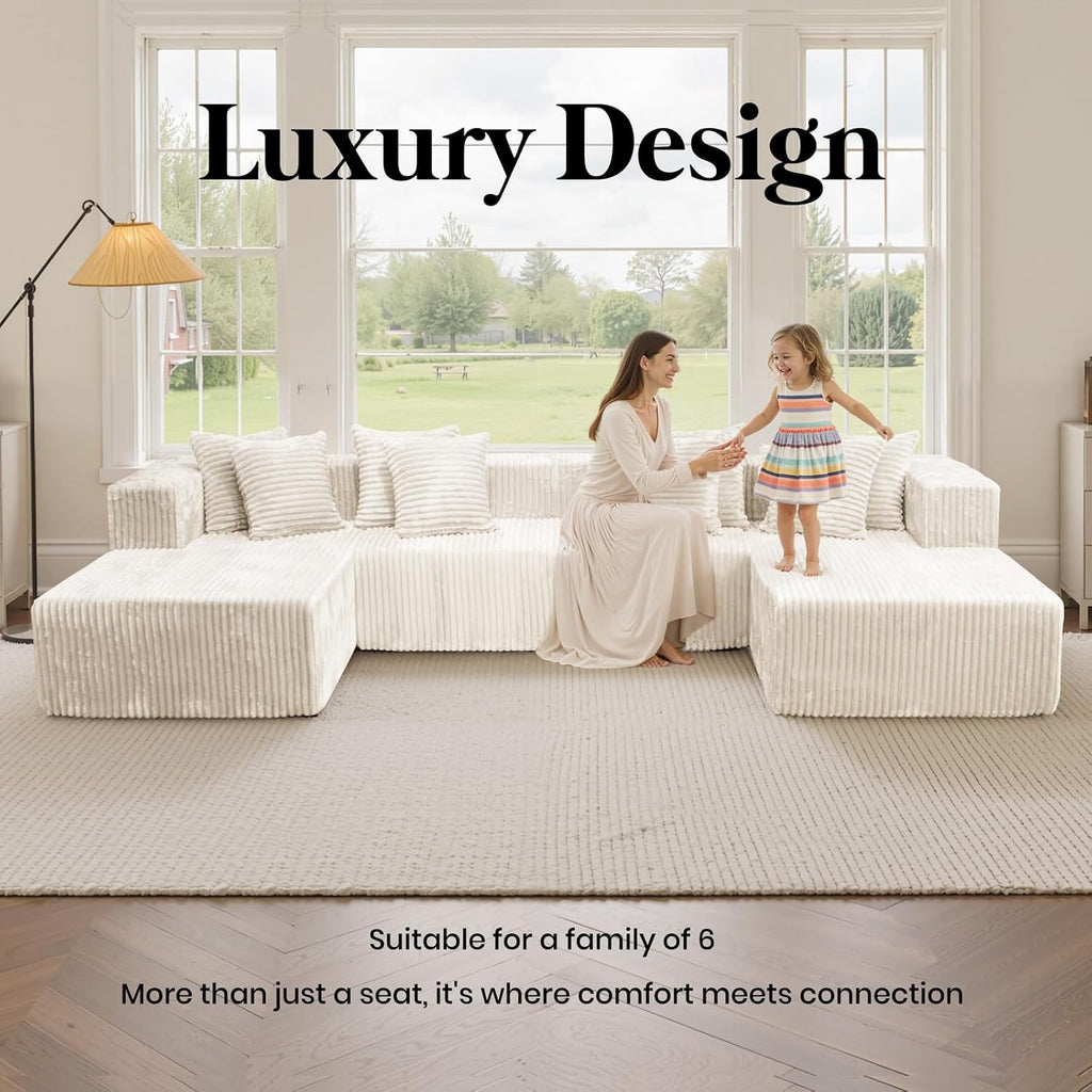 132'' U Shaped Sectional Couches for Living Room, Beige Modular Boneless Cloud Sofa with 2 Chaise Lounges, 4-in-1 Flexible Combination Layered Foam Cushion Deep Seat Corner Couch, No Assembly