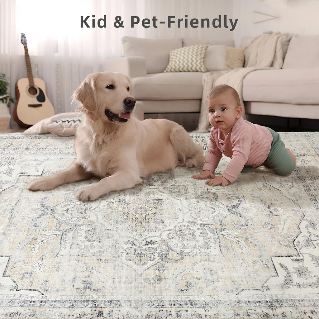 Area Rugs 9x12 Living Room: Washable Rugs for Bedroom Stain Resistant Non Slip Distressed Vintage Large Boho Rug Low Pile Faux Wool Soft Carpets for Living Room Dining Room Farmhouse Playroom