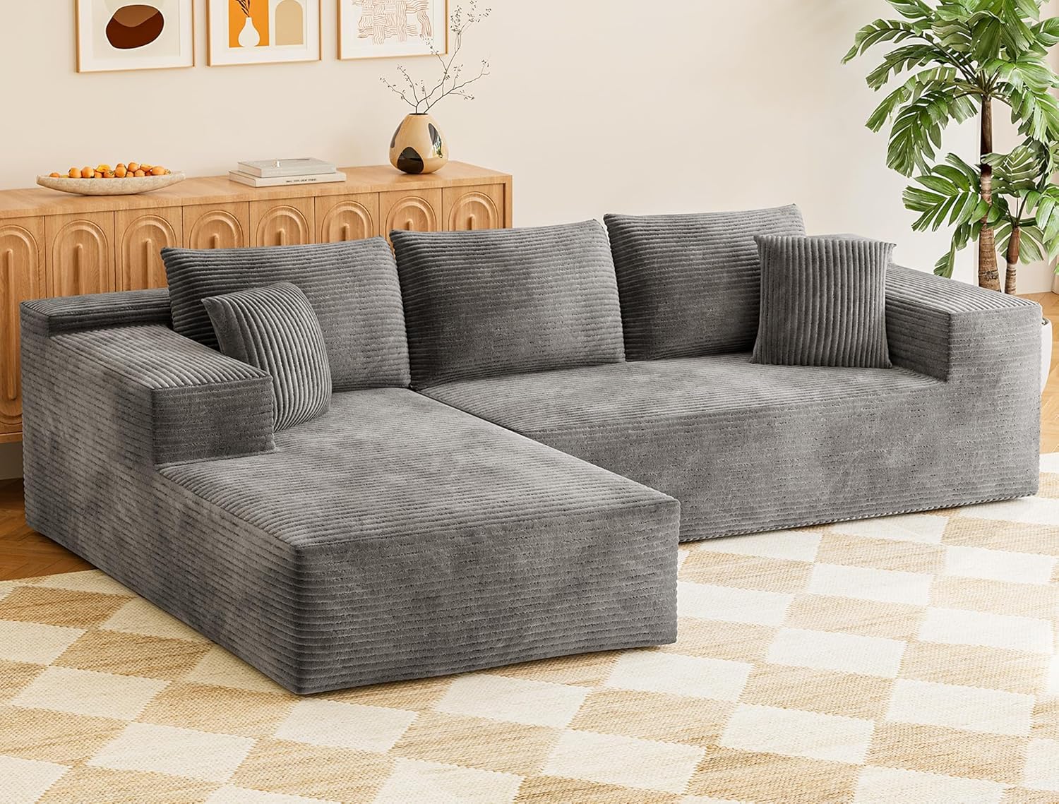 VICTONE 108” Cloud Sectional Couches, Boneless Couch Modular L-Shaped Sofa with Deep Seat, Modern Comfort Upholstered Sofas for Living Room, No Assembly Required (Corduroy, Grey)
