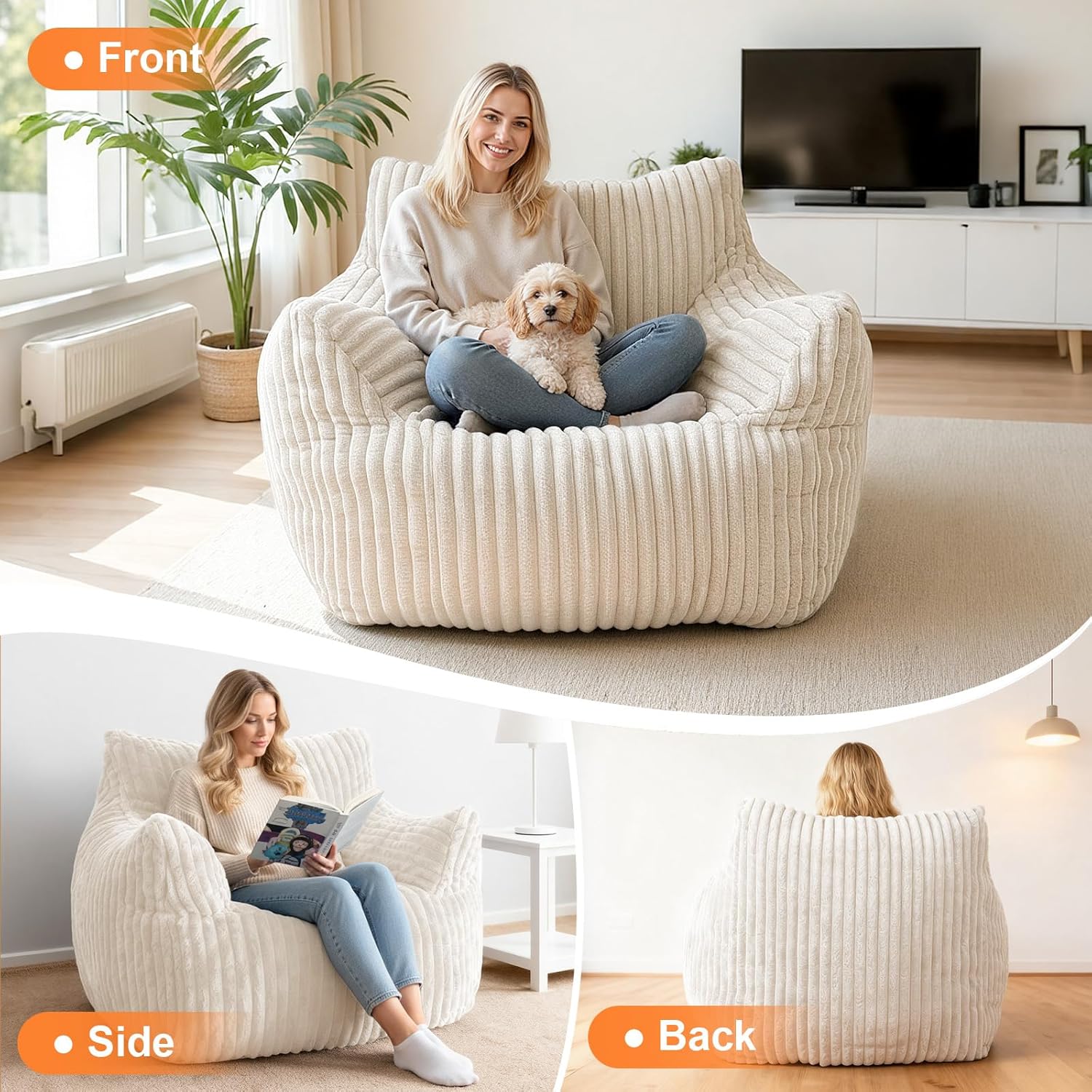 Giant Bean Bag Chair with Ottoman, Oversized Memory Foam Bean Bag Sofa for Adults and Kids, Large Comfy Fluffy Single Lounges Mini Couch for Living Room, Bedroom & Dorm(Beige)