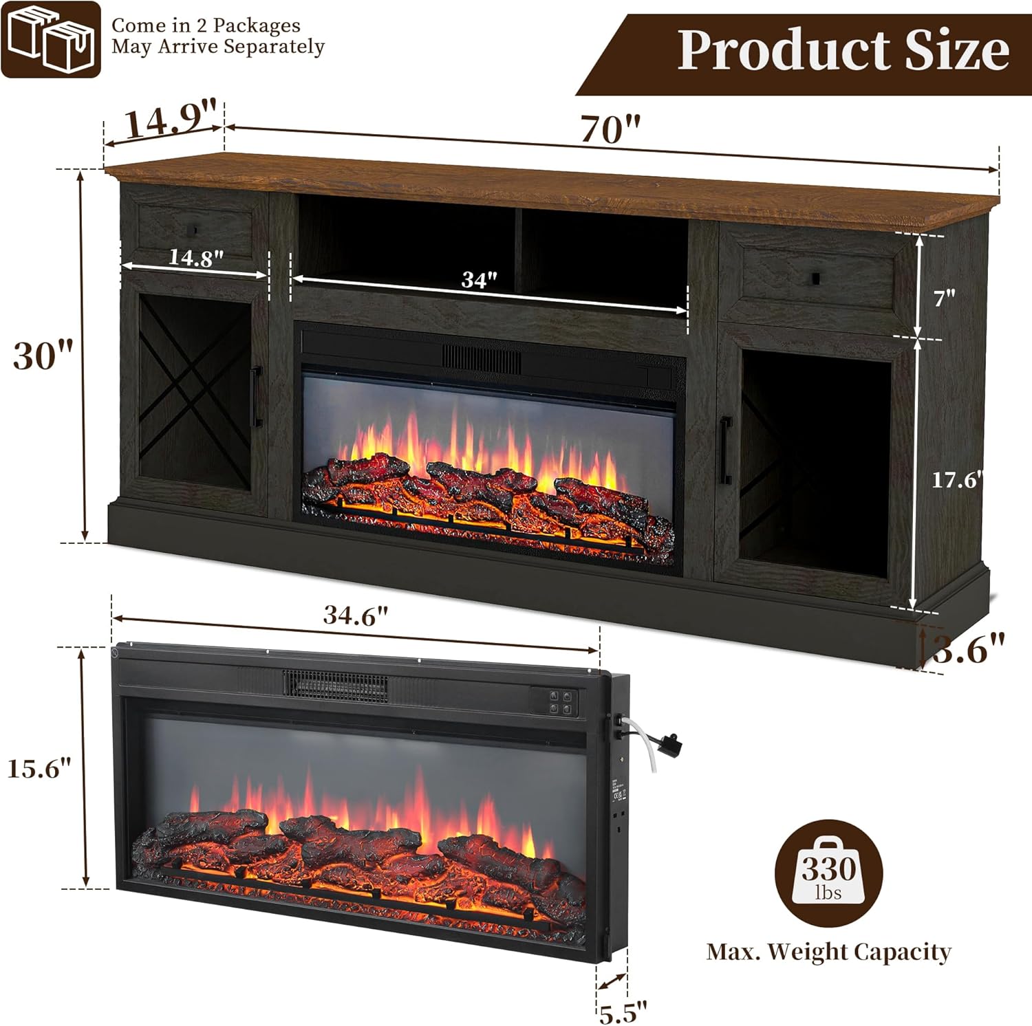 70" Fireplace TV Stand for TVs Up to 80" w/ 34" Electric Fire Place, Entertainment Center w/ 2 Glass Doors & LED Lights, TV Stands for Living Room (Espresso, 30" H w/Fireplace)