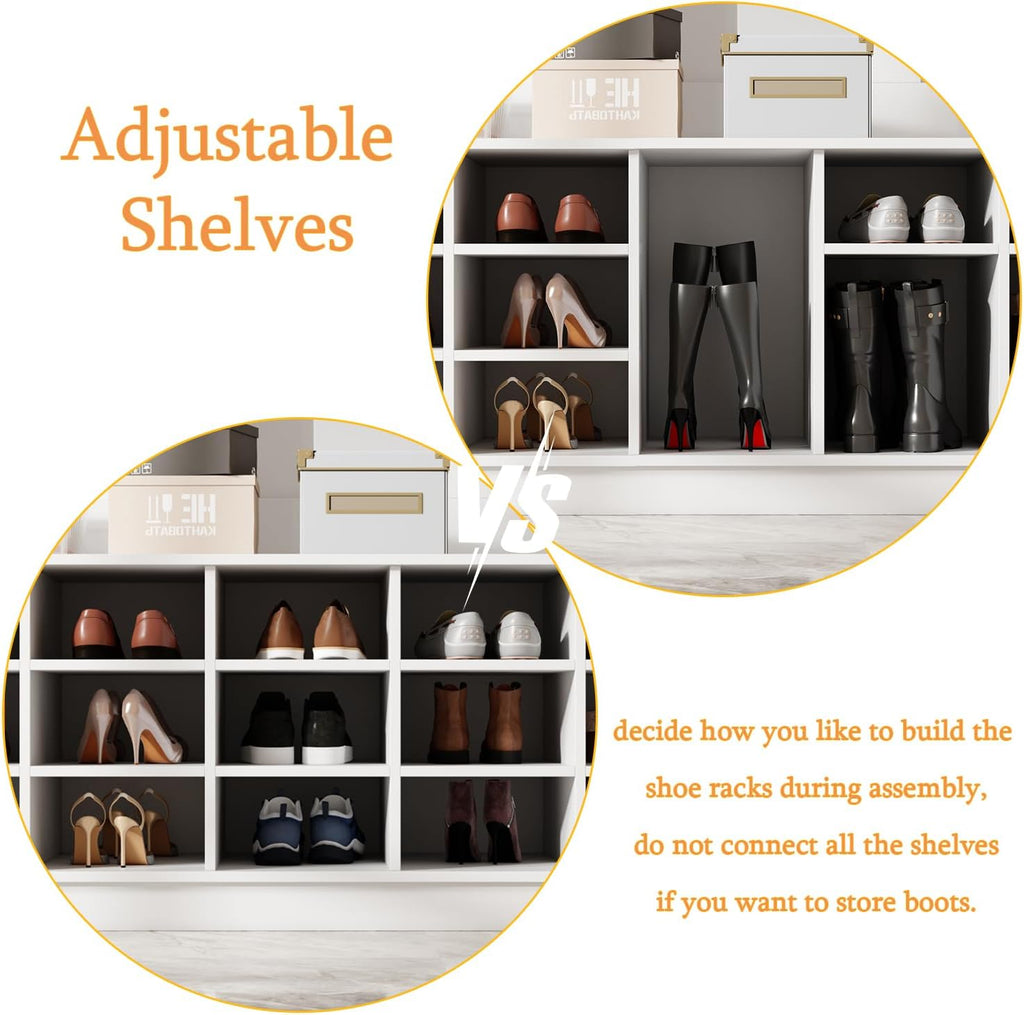 WOODTIME Extra Large Hall Tree with Bench and Shoe Storage, Multi-Purpose Entryway Bench with Coat Rack, Adjustable Shelves, 6 Double Hooks and 21 Open Compartments, White