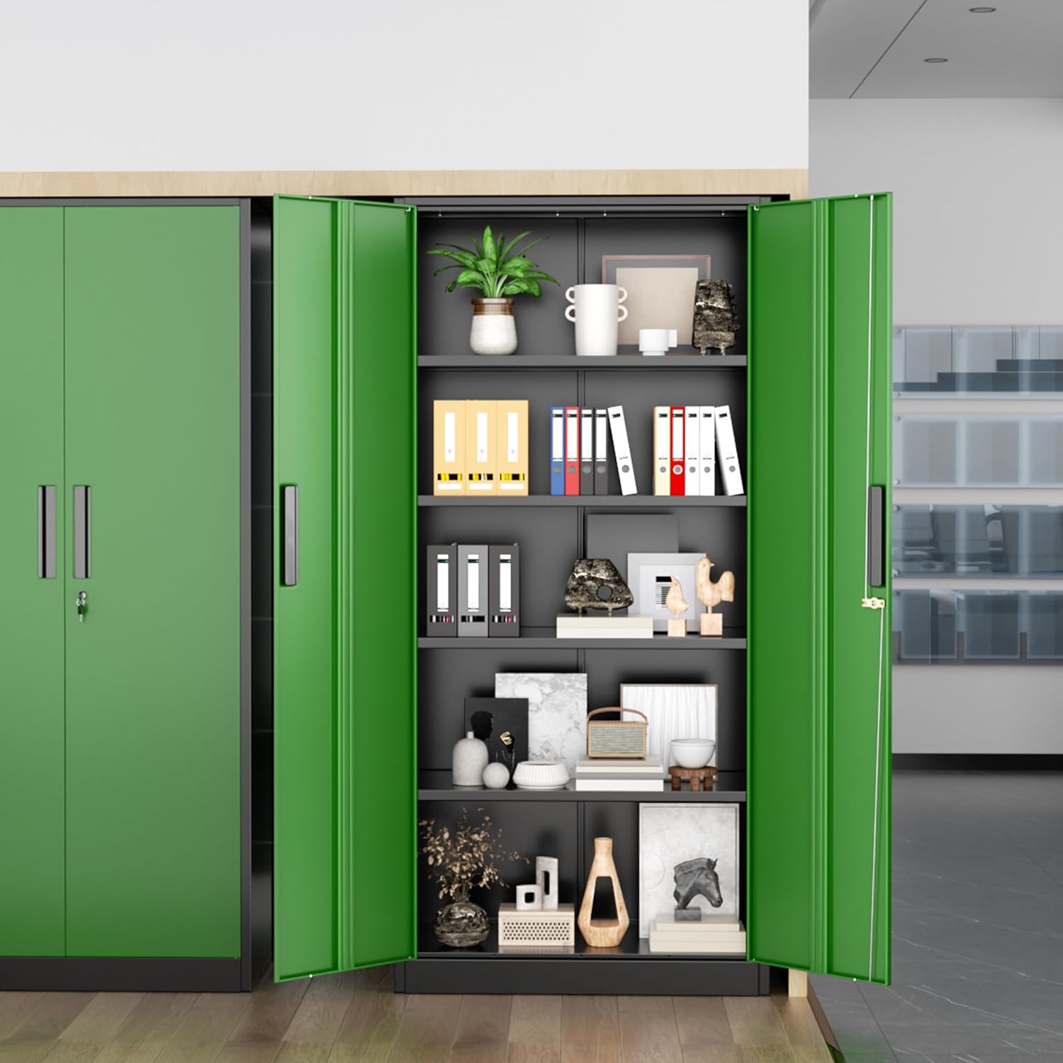 Greenvelly Metal Storage Cabinet, Steel Garage Cabinet with Doors and Adjustable Shelves, Metal Cabinet with Lock,Tall Metal Office Storage Cabinet for Garage,Home Office,School (Black Green)