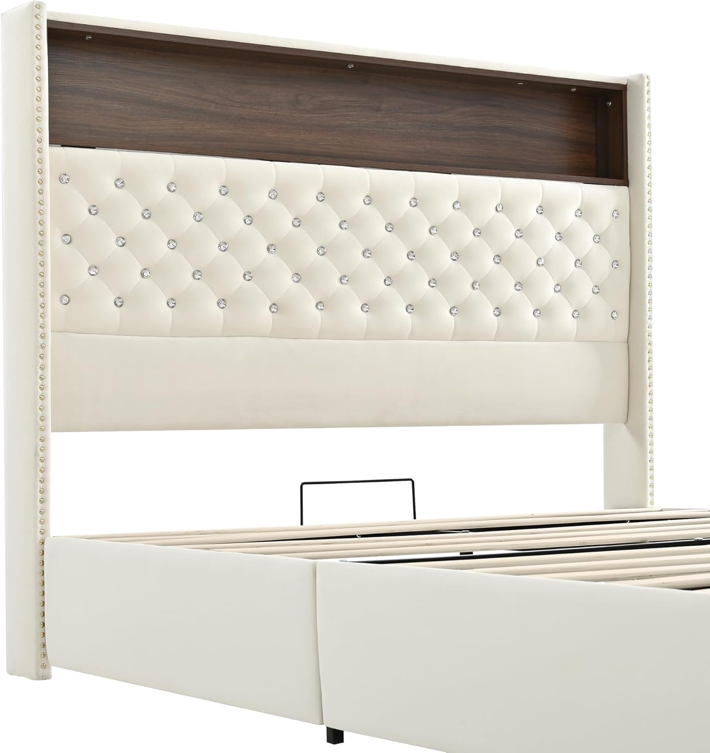 Merax Queen Size Velvet Bed Frame with 52'' High Headboard, USB Charging Port and Night Light, Soft Tufted Upholstered & Rivet Decoration, Wing-Back Platform Bed, Beige