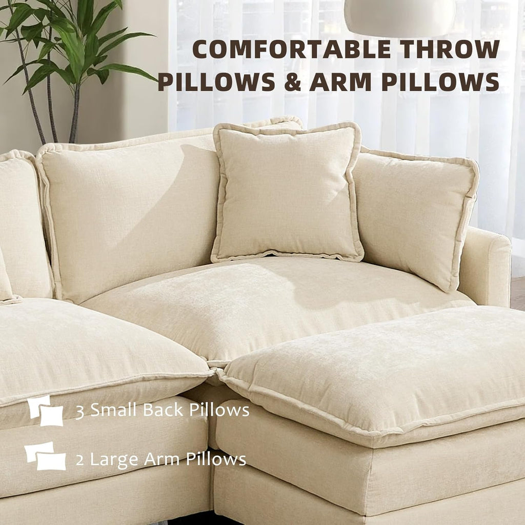 111.5” Modular Sectional Sofa L-Shaped Convertible Couches, 3 Seater Chenille Deep Seat Sleeper Cloud Couch with Pillows and 2 Ottomans for Living Room, Apartment, Office(Beige)