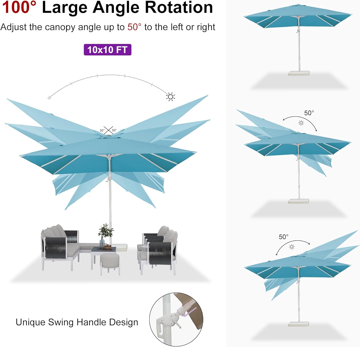 PURPLE LEAF 10 FT Right-left Tilt Patio Umbrella Swivel White Cantilever Umbrella with Tilt Aluminum Outdoor Umbrella with 360° Rotation for Deck Pool Garden, Turquoise