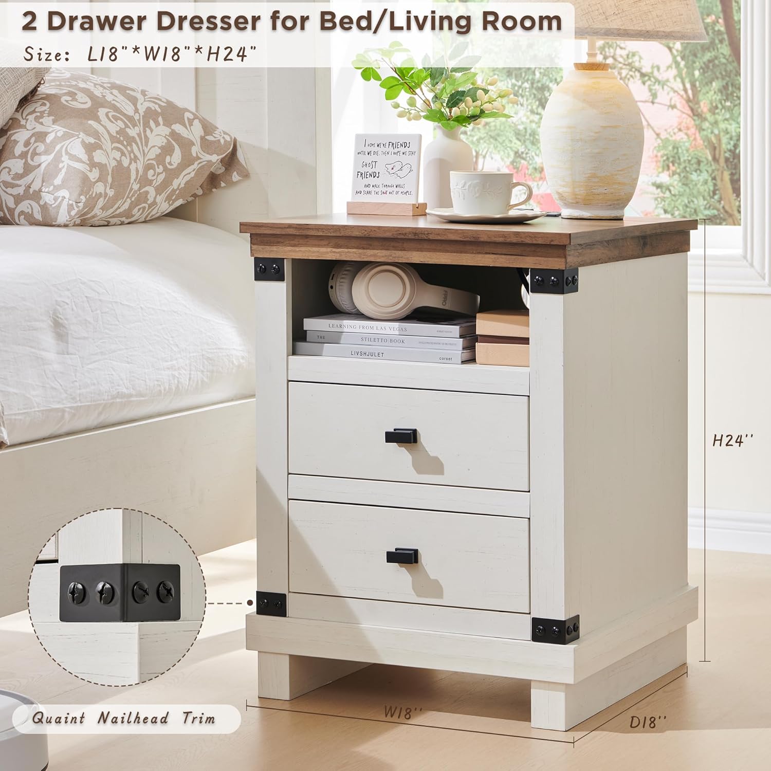 Farmhouse Nightstand Set of 2 with Charging Station, 18" Rustic Night Stand with 2 Storage Drawers, Wood End Table for Bedroom, Living Room, Antique White