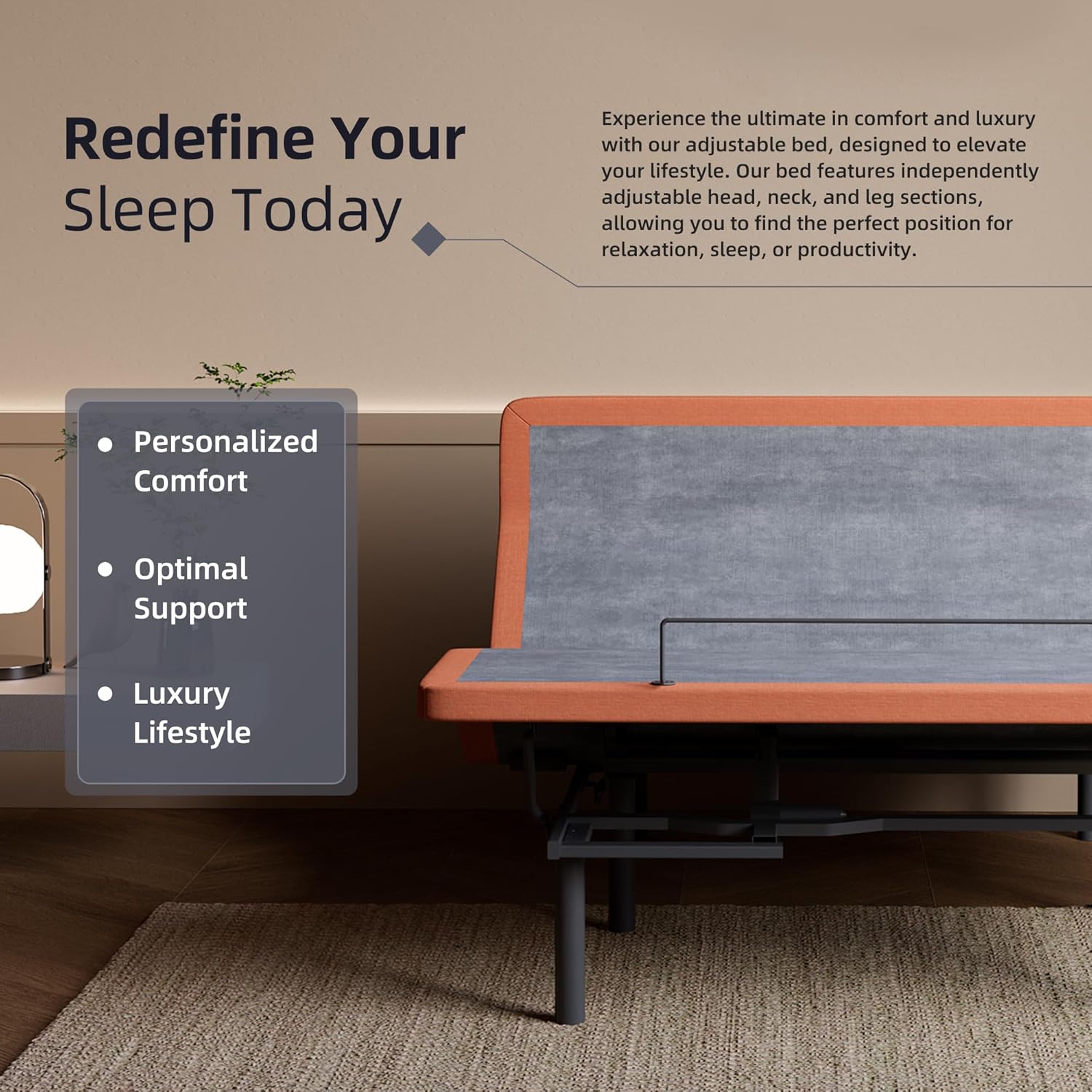 ESHINE Adjustable Bed Frame - Queen Bed Base with Massage, Pillow-tilt, Smart APP Control, Ergonomic Incline, Zero Gravity, Dual USB Port, Under Bed Light, Wireless Remote, 5000 Series