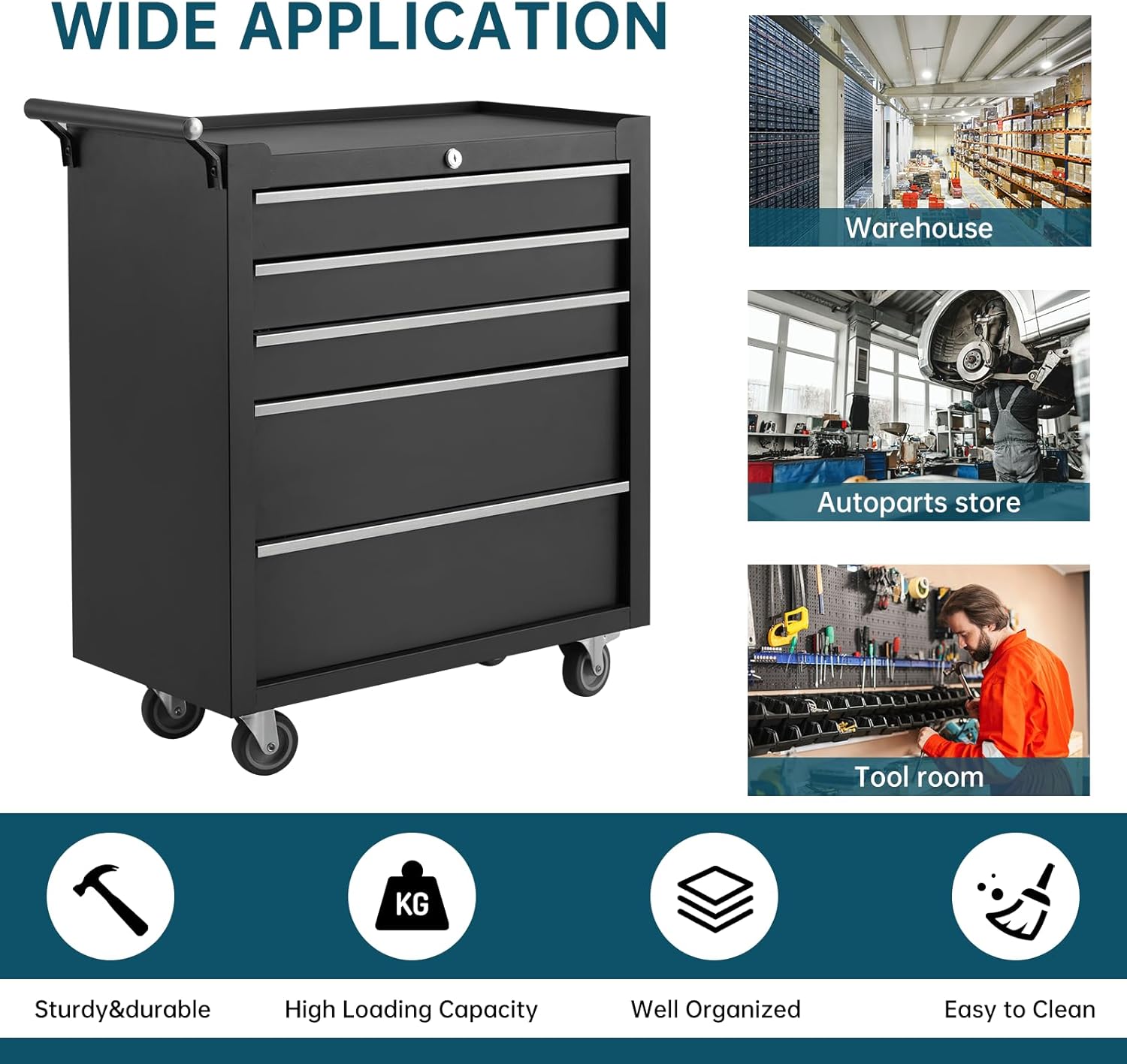 5-Drawer Rolling Tool Chest, Heavy Duty Tool Storage Cabinet with Drawers & Locking Mechanism & Wheels, Multifunctional Utility Tool Storage Chest Organizer for Warehouse, Repair Shop.
