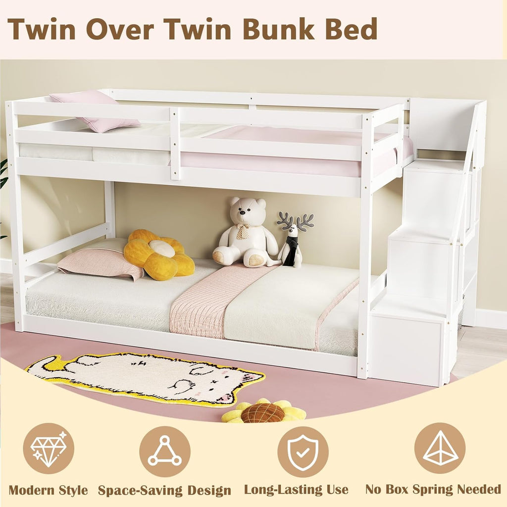 KOMFOTT Wood Twin Over Twin Low Bunk Bed with Storage Staircase, Wooden Bunk Bed Frame with Full-Length Guardrails, Low Profile Kids Bed with Slats Support, No Box Spring Needed (White)