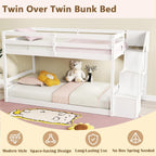 KOMFOTT Wood Twin Over Twin Low Bunk Bed with Storage Staircase, Wooden Bunk Bed Frame with Full-Length Guardrails, Low Profile Kids Bed with Slats Support, No Box Spring Needed (White)