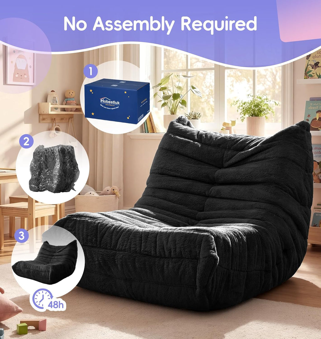 Hobestluk Bean Bag Chair with Memory Foam Ultra Soft Faux Fur Fabric Ergonomic Design Small Bean Bag Couch Beanbag Chair for Living Room Bedroom Playroom(Black Plush Medium)