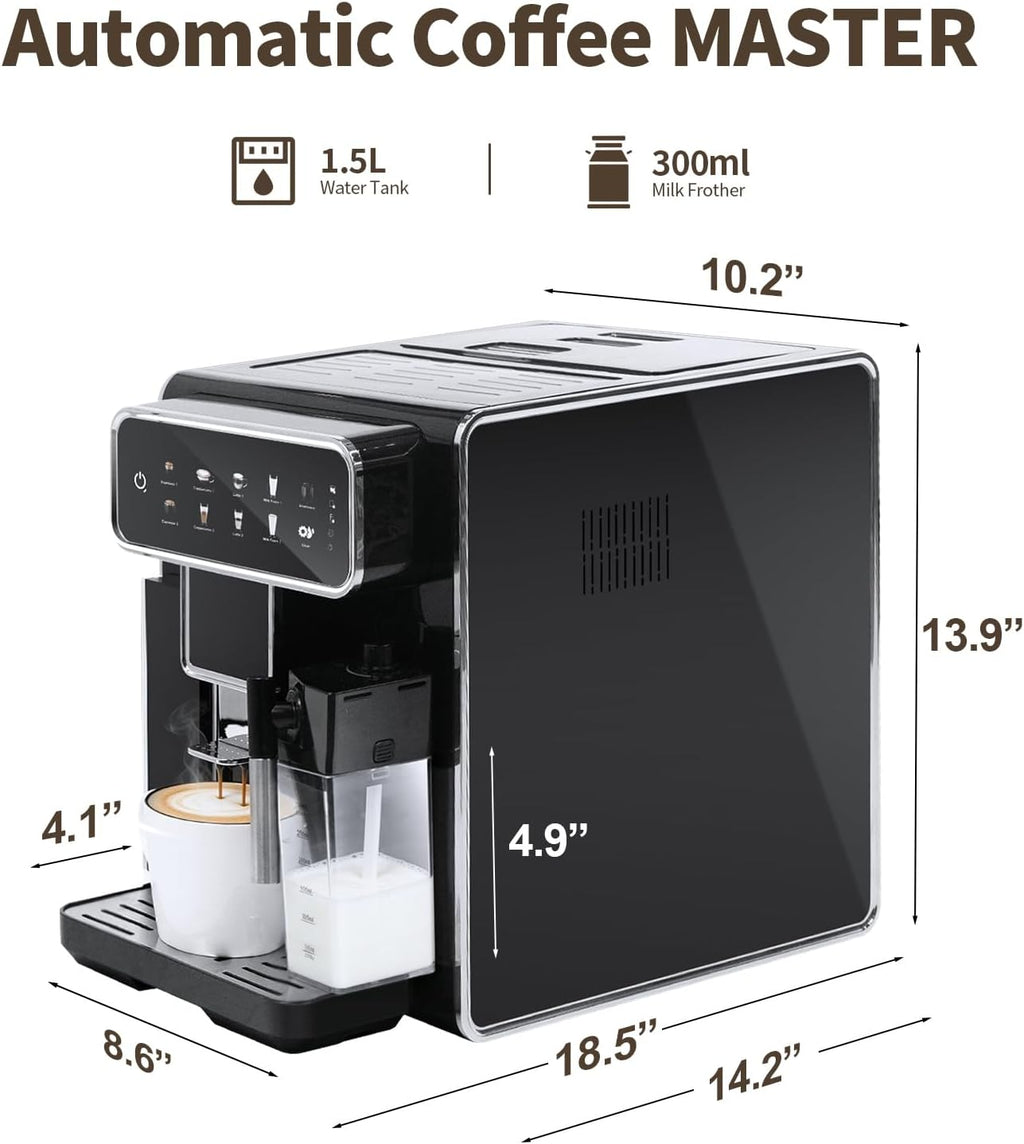 Automatic Espresso Machine with Grinder and Milk Frother - Grinder Coffee Machine Expresso Maker with 7 One-Touch Coffee Recipes for Latte, Cappuccino, Americano, Iced and Hot Coffee (Black)