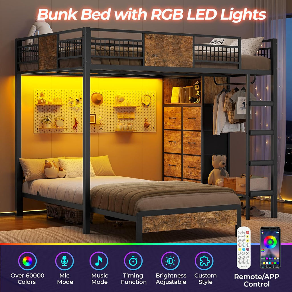 ADORNEVE Full Over Twin Bunk Bed with 8 Storage Drawers, Metal Loft Bed with Led Lights & Storage Shelves, Bunk Beds Twin over Full Size with 13.4" H Safety Guardrail & Ladder, for Kids & Teens, Black