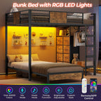 ADORNEVE Full Over Twin Bunk Bed with 8 Storage Drawers, Metal Loft Bed with Led Lights & Storage Shelves, Bunk Beds Twin over Full Size with 13.4" H Safety Guardrail & Ladder, for Kids & Teens, Black