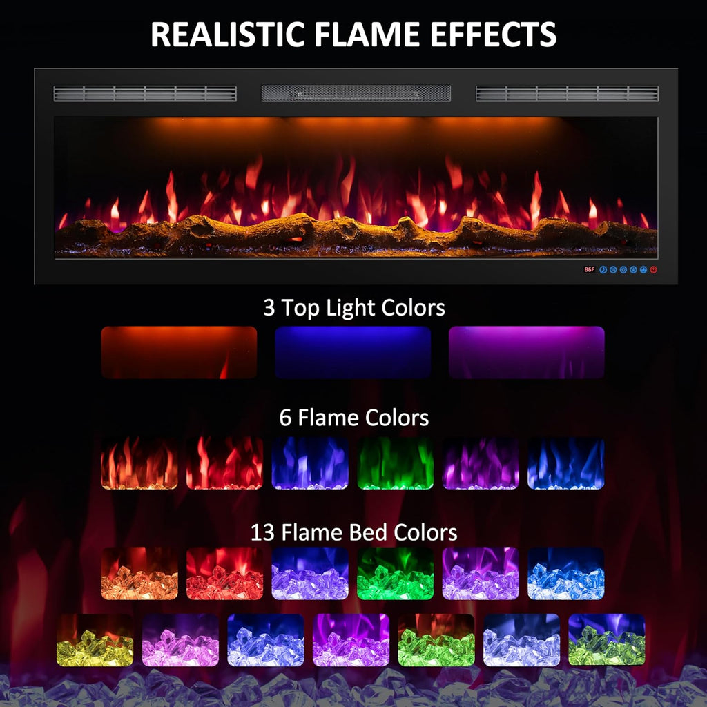 72 Inch WiFi Electric Fireplace Heater, Recessed or Wall Mounted, Ultra‑Slim 5.51" Deep, 750/1500W, 12 Flame Colors & 12 Ember Bed Colors,Remote & App Control, Works with Alexa & Google Home