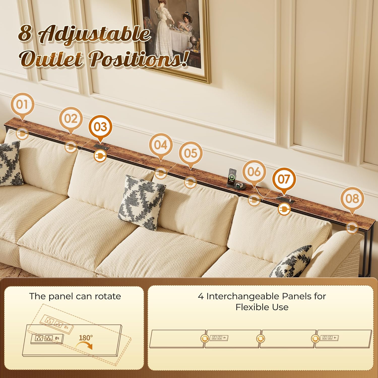 Huuger 141.7 Inch Sofa Table with Power Outlets and USB-C Ports, 5.9 Inch Narrow Entryway Table, Behind Couch Table with Storage, Extra-Long Console Table, Living Room, Rusitc Brown