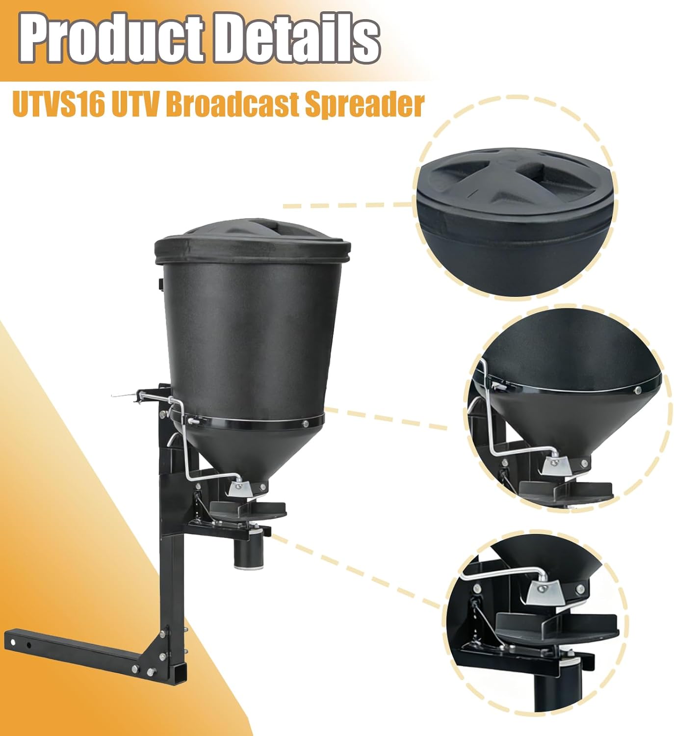 UTVS16 UTV Broadcast Spreader Fits for Salt Grass Seed Fertilizer  Deer Feeder Seed and More All Season Spreader 150 lb. Capacity Black