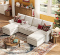 LINSY HOME U Shaped Cloud Couches, 115" Modular Sectional Sofa with Double Chaise, Chenille 4 Seater Sofa Set for Living Room, Apartment, Office, Beige