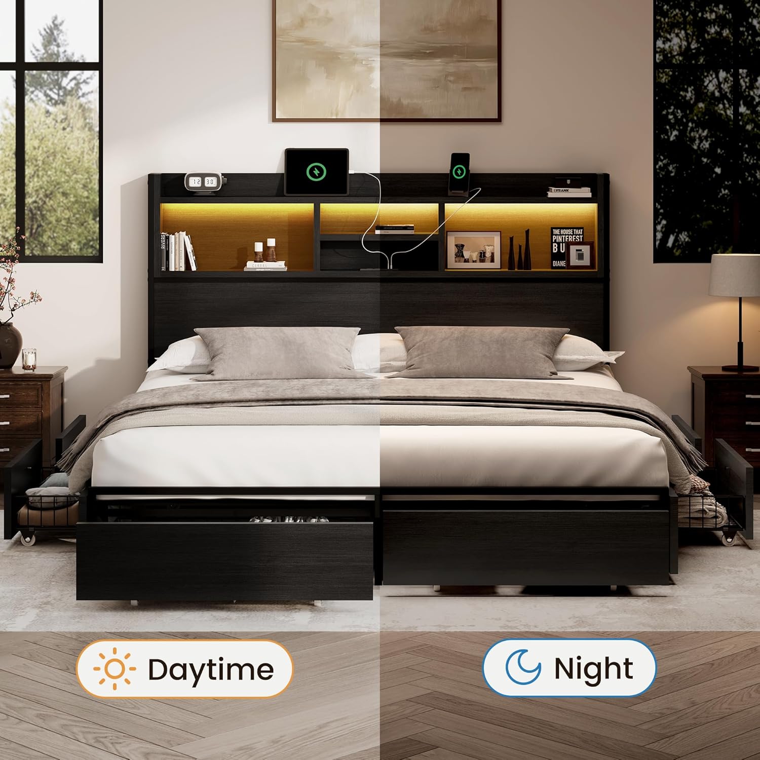 King Storage Bed Frame with 6 Drawers, USB Charging Station, No Noise, No Box Spring Required, Vintage Black Headboard Platform Bed