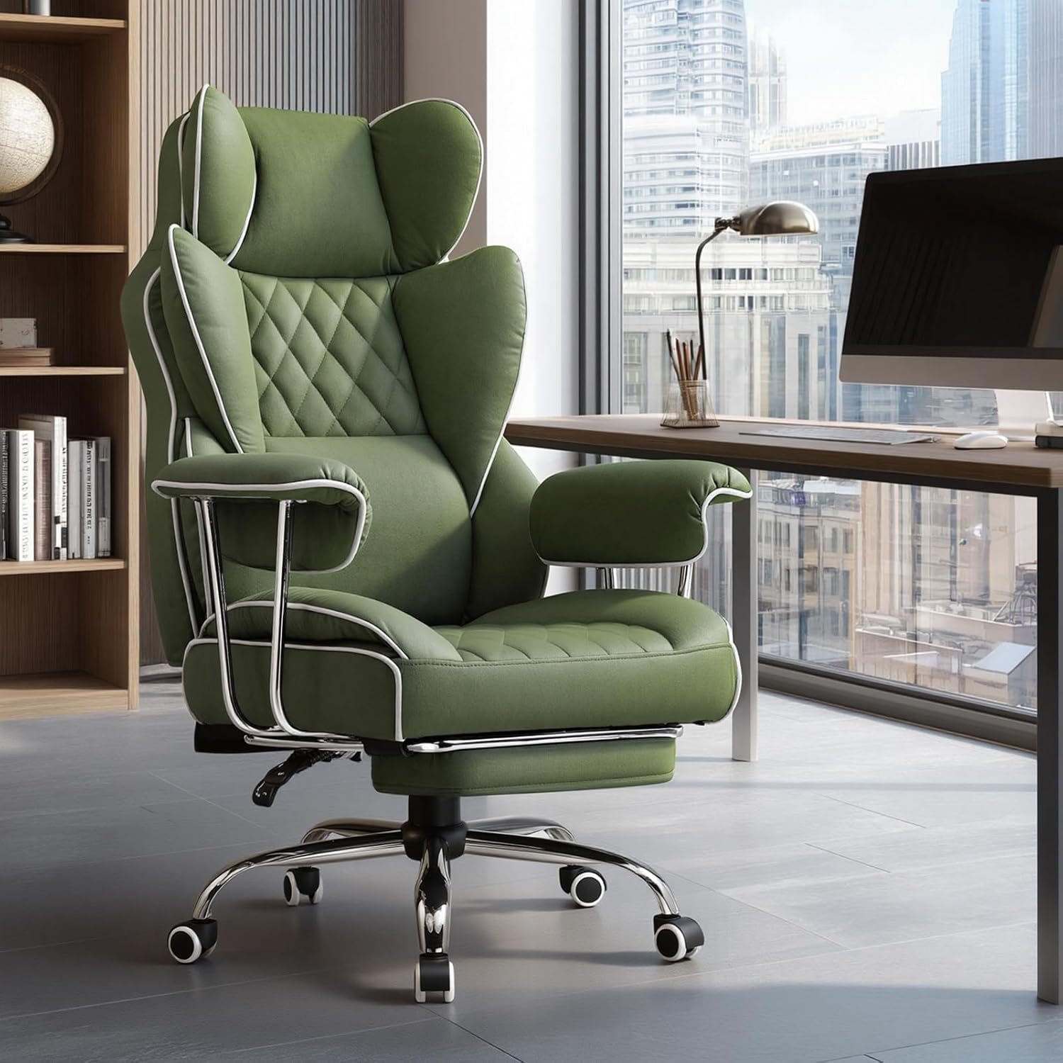 GTPLAYER Gaming Chair,Office Chair with Pocket Spring Lumbar Support, Ergonomic Comfortable Wide Office Desk Computer Chair with Outward Fixed Soft Armrests and Footrest (Fabric, Green)