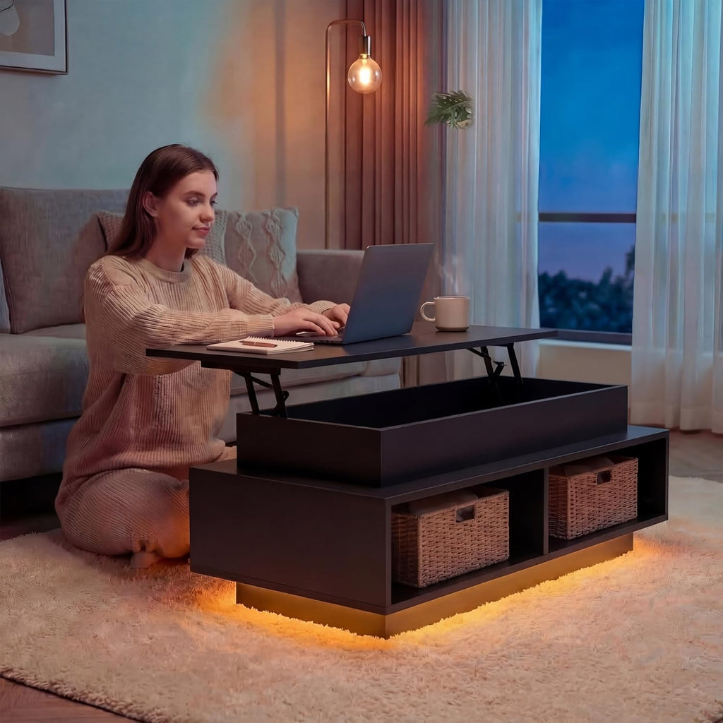 YESHOMY 40" Lift Top Coffee Table with Hidden Storage & Multi-Color LED Lights, Modern Square Wood Table with 4 Open Shelves for Living Room and Small Space, Black