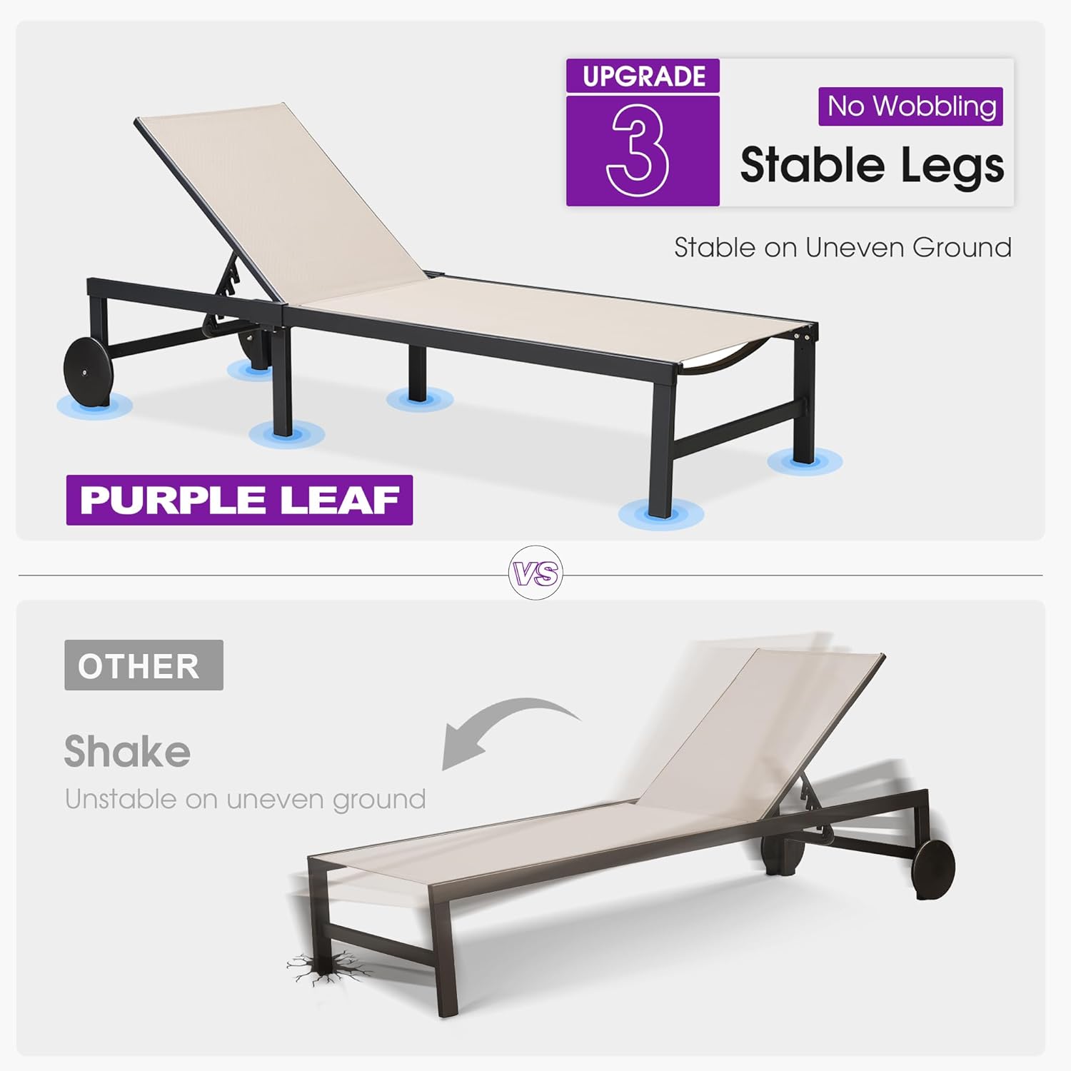 PURPLE LEAF Outdoor Chaise Lounge Chairs Set Recliner Aluminum Adjustable Chair with Wheels and Side Table for Poolside Beach Patio Sunbathing Lounger, Beige
