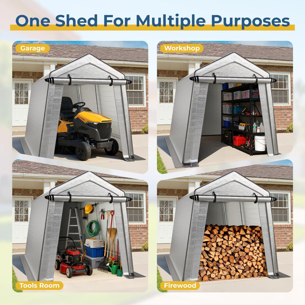 LINKHOO 7 x 10 FT Carport, Portable Shed w/220G Heavy Duty Waterproof PE Tarp, Roll-up Zipper Door & Vent, Weather-Resistant Storage Shed for Motorcycle, Bike and Tools, Gray
