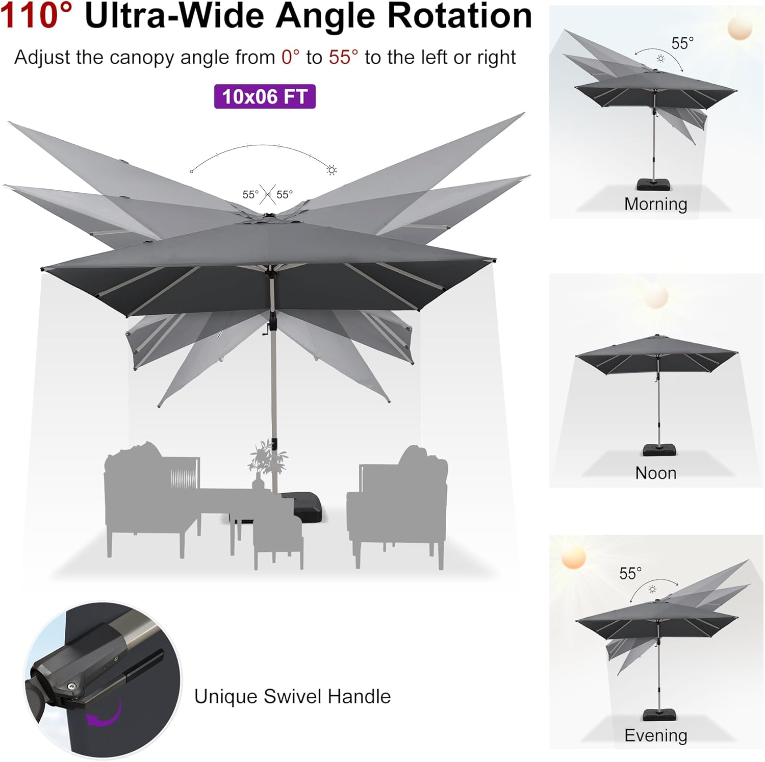 PURPLE LEAF 10' X 6.5' Left-right Tilting Patio Umbrella with Base Outdoor Swivel Cantilever Offset Aluminum Umbrella with Champagne Frame and 360-degree Rotation for Garden Deck Pool, Grey