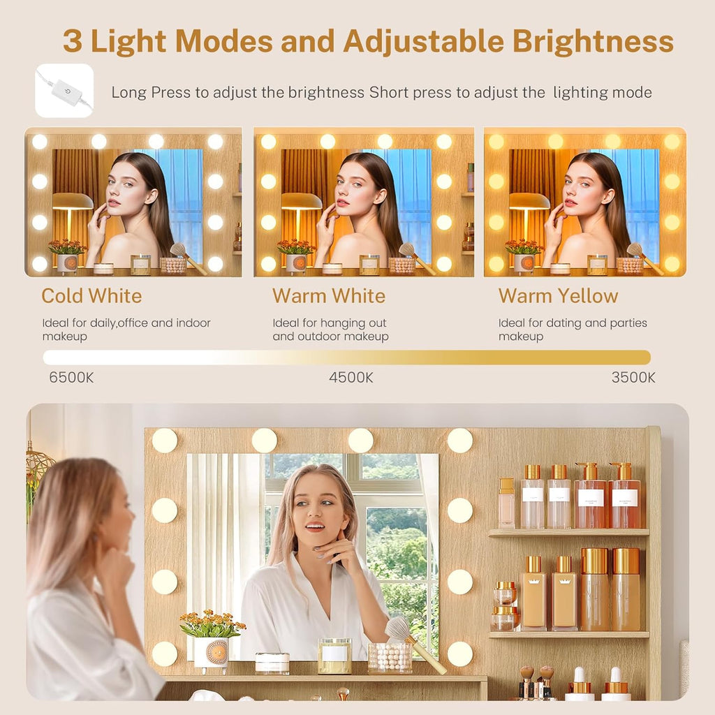 Vanity Desk with Mirror and Lights, Makeup Vanity with 5 Drawers & Storage Shelves, 3 Color Modes & Adjustable Brightness, Fluted Vanity for Girls, Natural
