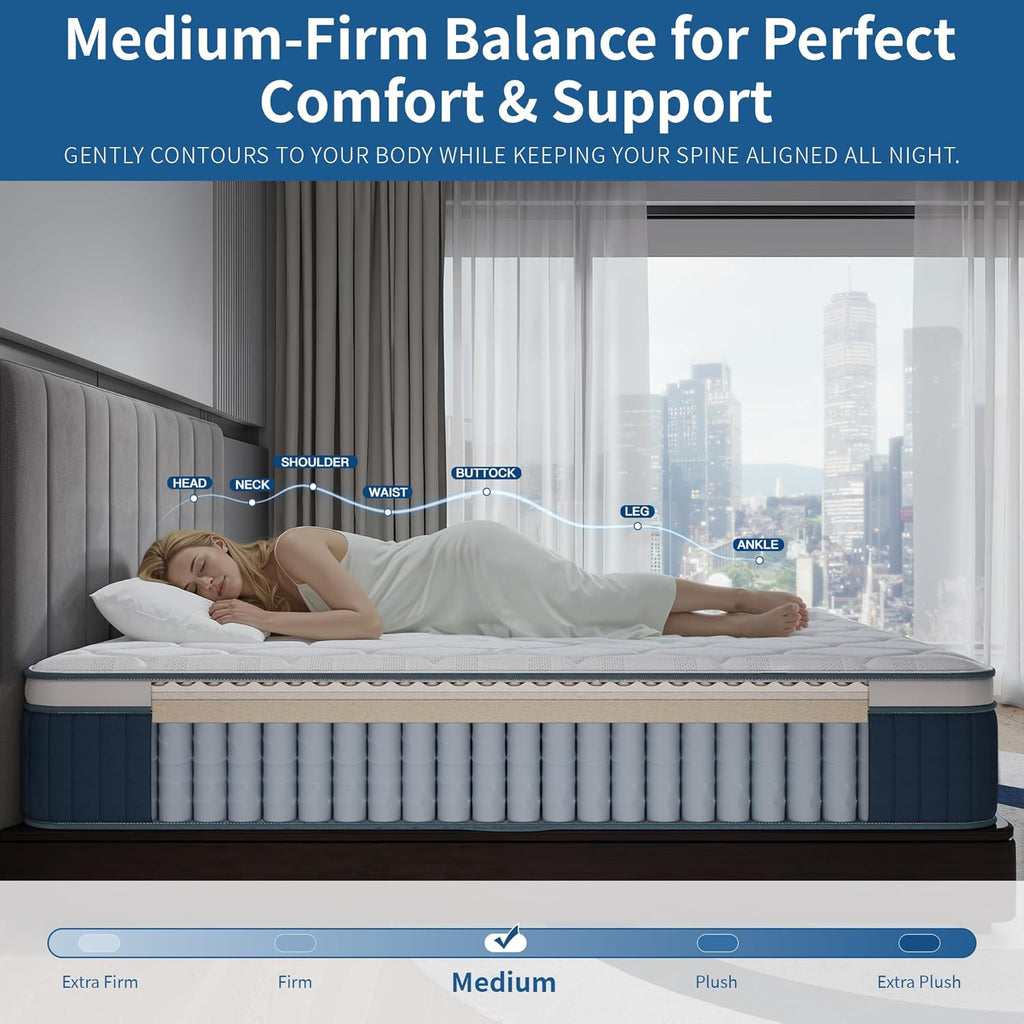 14″ Queen Hybrid Mattress – Cooler, Quieter & Deeper Comfort, Airflow Foam + Pocket Coils, 2″+ Plush Cushion, Heavy-Duty Support, CertiPUR-US, Fiberglass-Free, Mattress in a Box